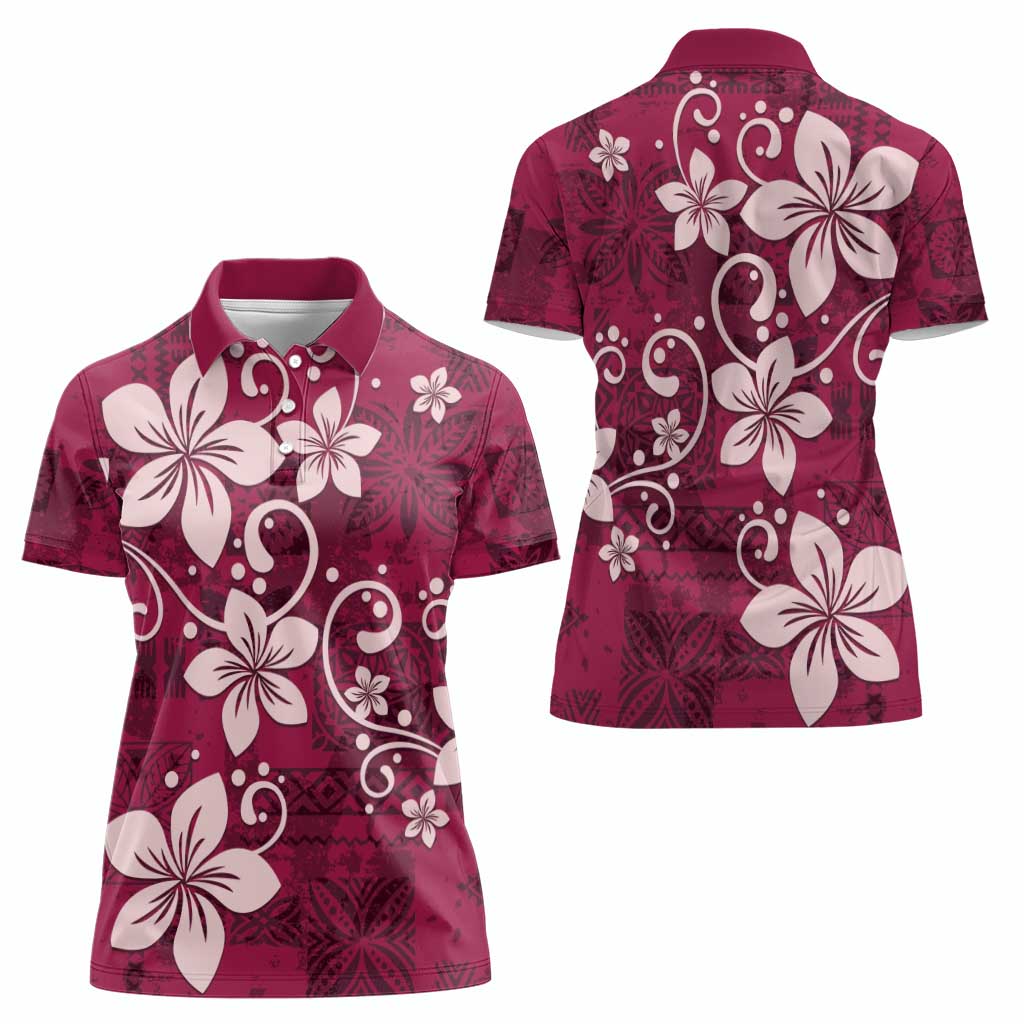 Plumeria Floral Tapa Pattern Ruby Pink Women Polo Shirt LT01 - Polynesian Pride