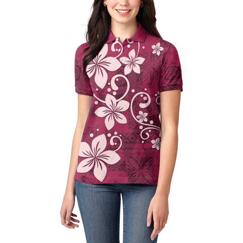 Plumeria Floral Tapa Pattern Ruby Pink Women Polo Shirt LT01 - Polynesian Pride