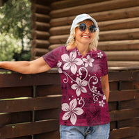 Plumeria Floral Tapa Pattern Ruby Pink Women Polo Shirt LT01 - Polynesian Pride