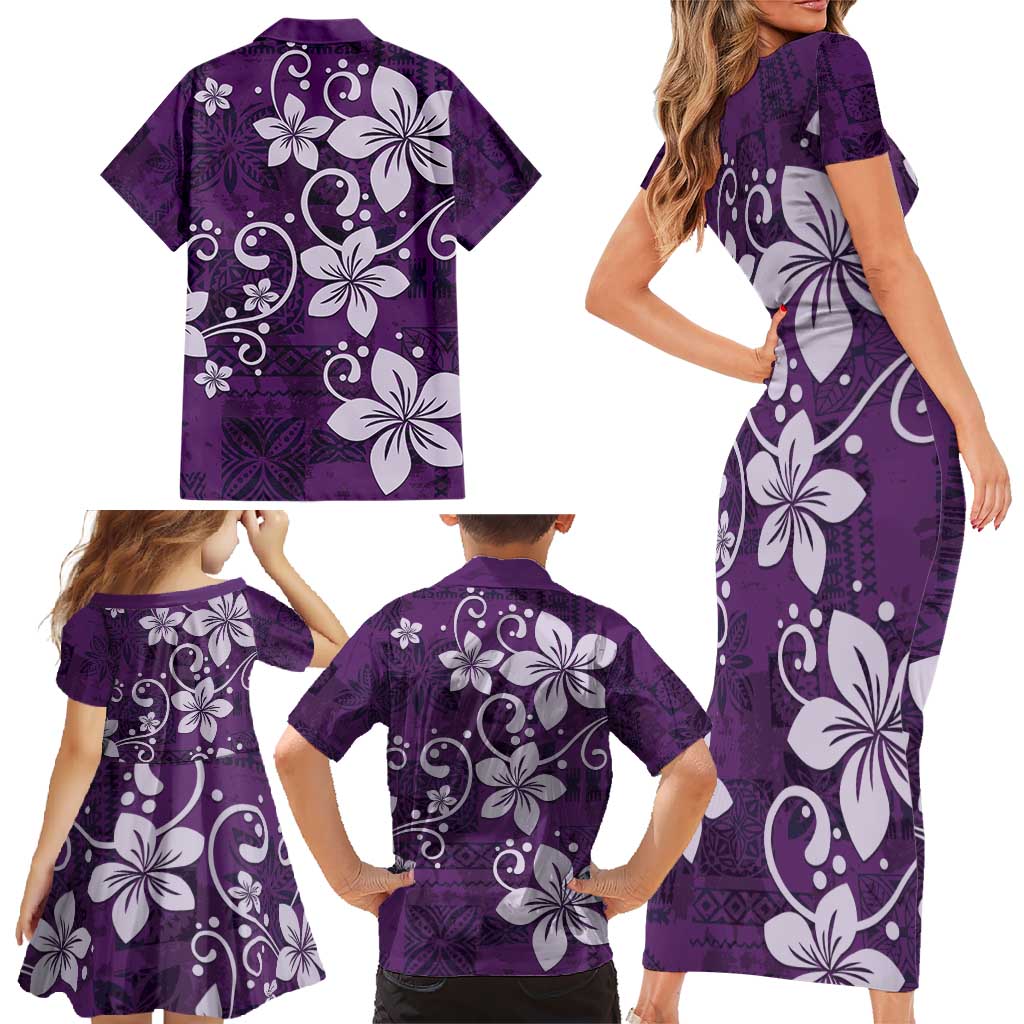 Plumeria Floral Tapa Pattern Amethyst Purple Family Matching Short Sleeve Bodycon Dress and Hawaiian Shirt