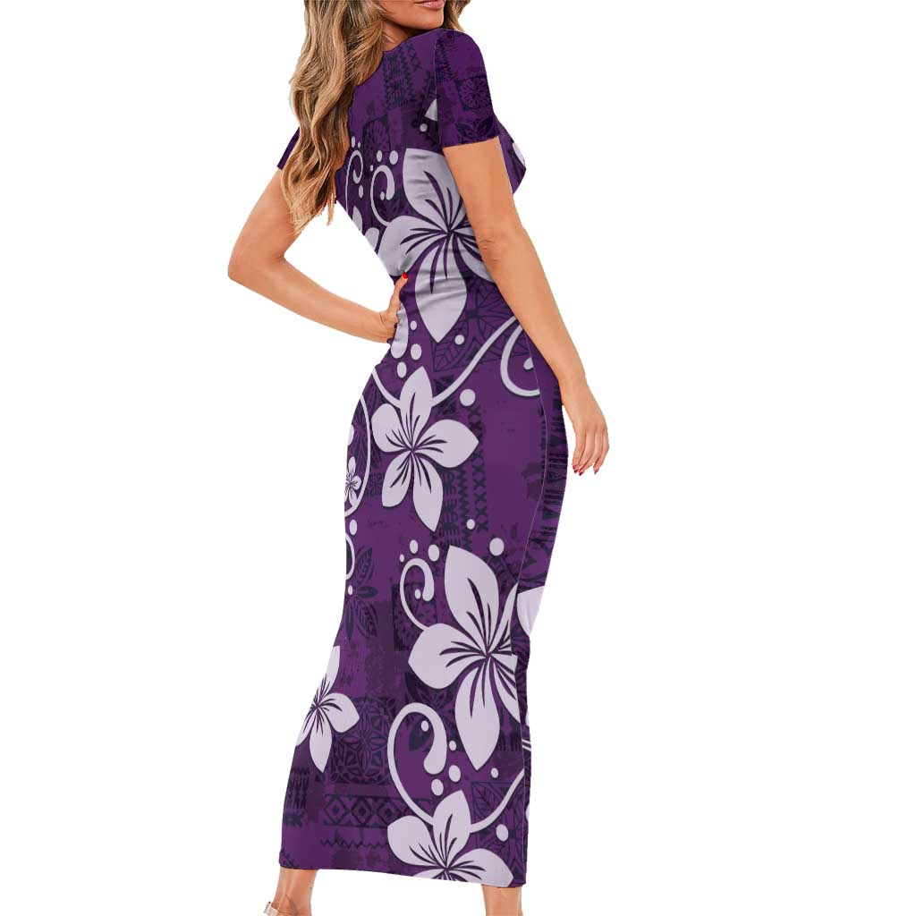 Plumeria Floral Tapa Pattern Amethyst Purple Family Matching Short Sleeve Bodycon Dress and Hawaiian Shirt