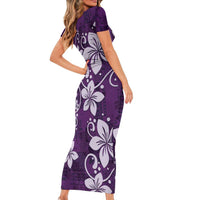 Plumeria Floral Tapa Pattern Amethyst Purple Family Matching Short Sleeve Bodycon Dress and Hawaiian Shirt