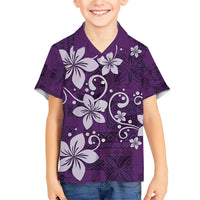 Plumeria Floral Tapa Pattern Amethyst Purple Family Matching Short Sleeve Bodycon Dress and Hawaiian Shirt