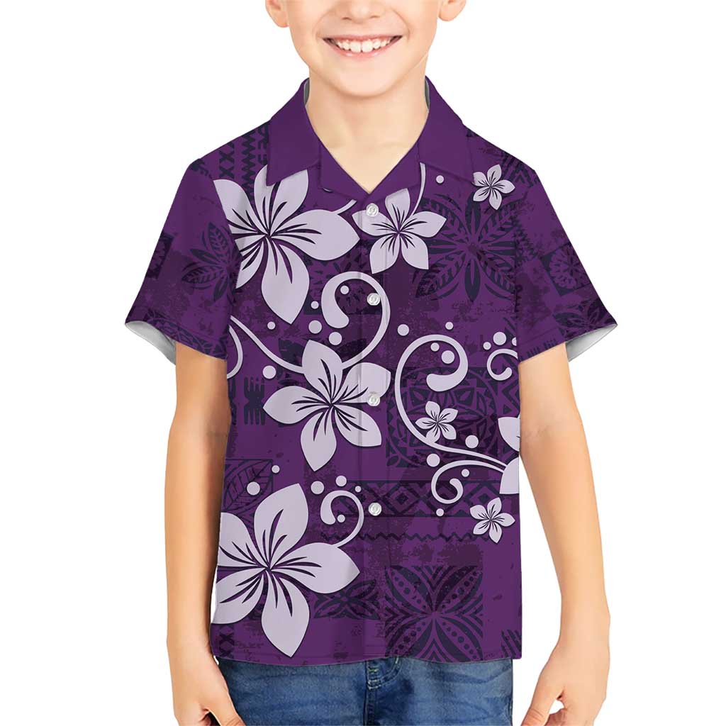 Plumeria Floral Tapa Pattern Amethyst Purple Kid Hawaiian Shirt LT01 Kid Purple - Polynesian Pride
