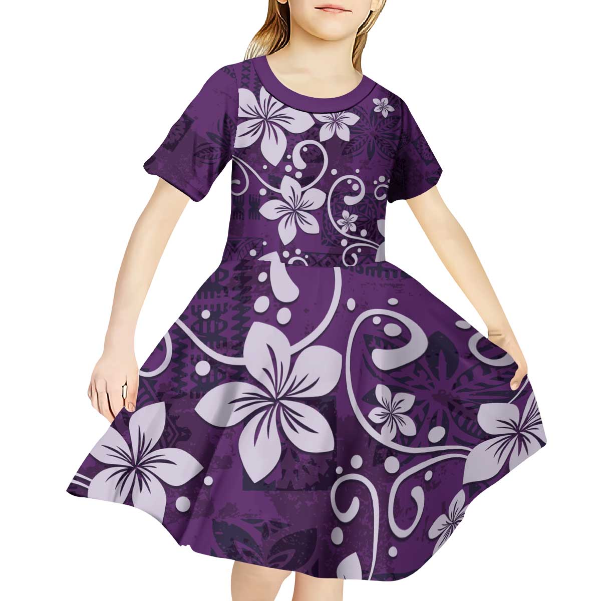 Plumeria Floral Tapa Pattern Amethyst Purple Kid Short Sleeve Dress LT01 - Polynesian Pride