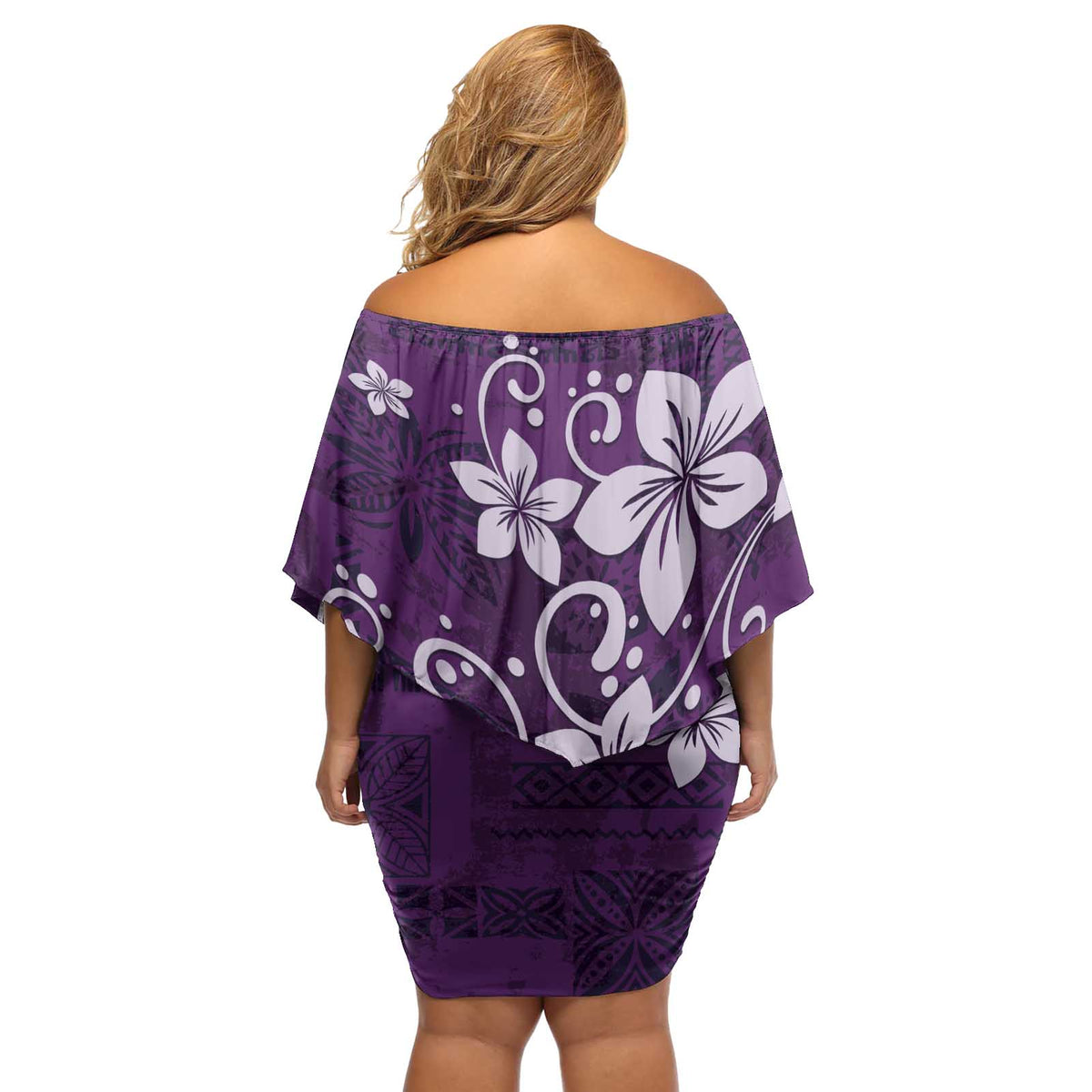 Plumeria Floral Tapa Pattern Amethyst Purple Off Shoulder Short Dress LT01 - Polynesian Pride