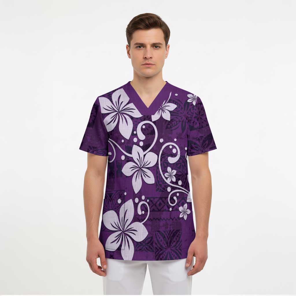 Plumeria Floral Tapa Pattern Amethyst Purple Scrub Top - Polynesian Pride