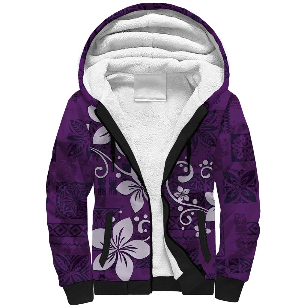 Plumeria Floral Tapa Pattern Amethyst Purple Sherpa Hoodie