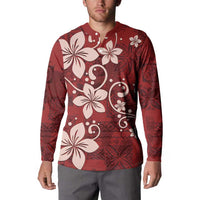 Plumeria Floral Tapa Pattern Oxblood Red Button Sweatshirt