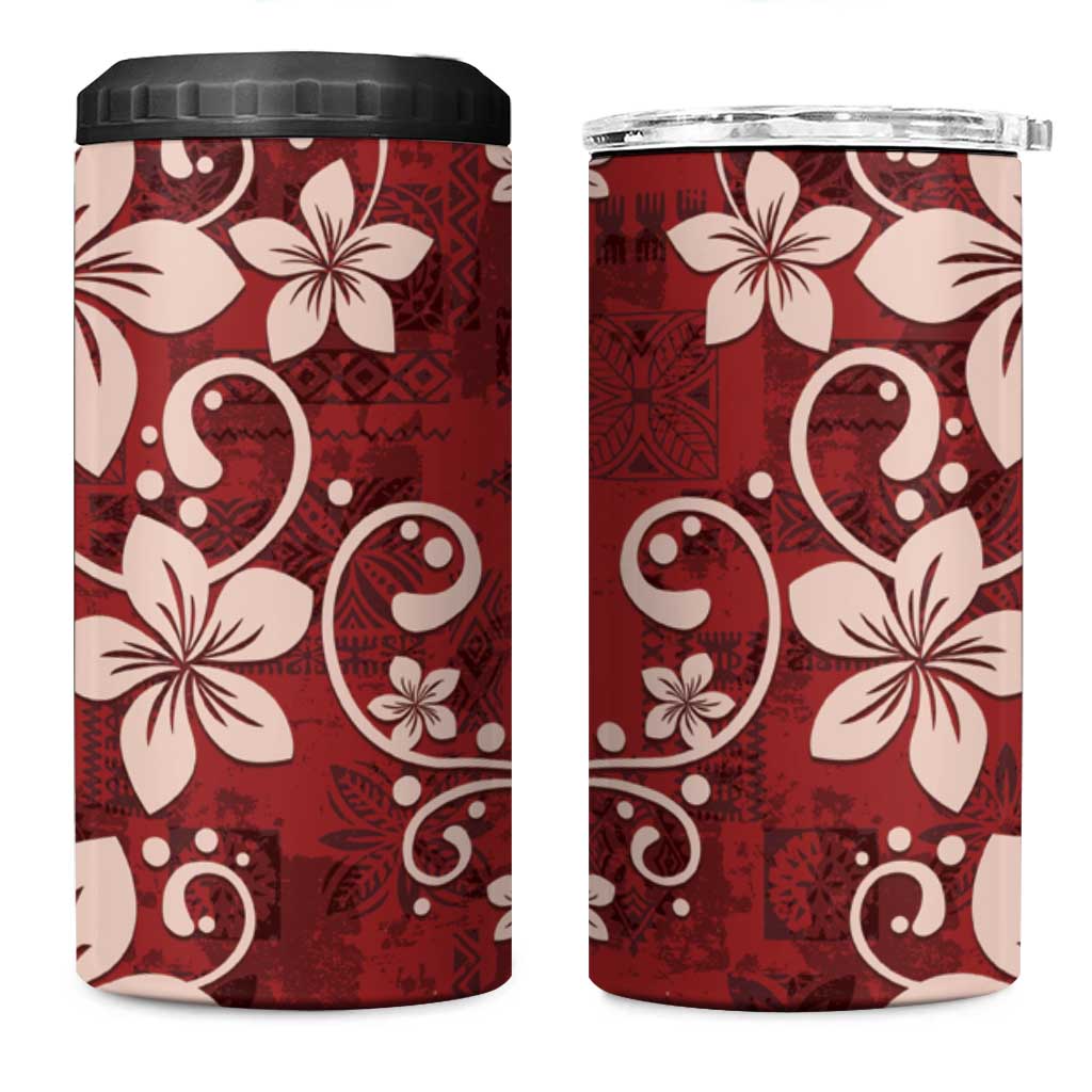 Plumeria Floral Tapa Pattern Oxblood Red 4 in 1 Can Cooler Tumbler