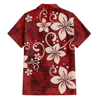 Plumeria Floral Tapa Pattern Oxblood Red Family Matching Long Sleeve Bodycon Dress and Hawaiian Shirt