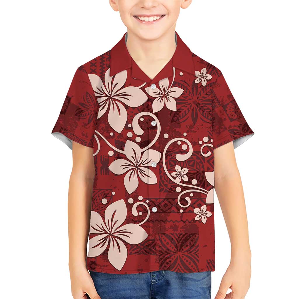 Plumeria Floral Tapa Pattern Oxblood Red Family Matching Short Sleeve Bodycon Dress and Hawaiian Shirt