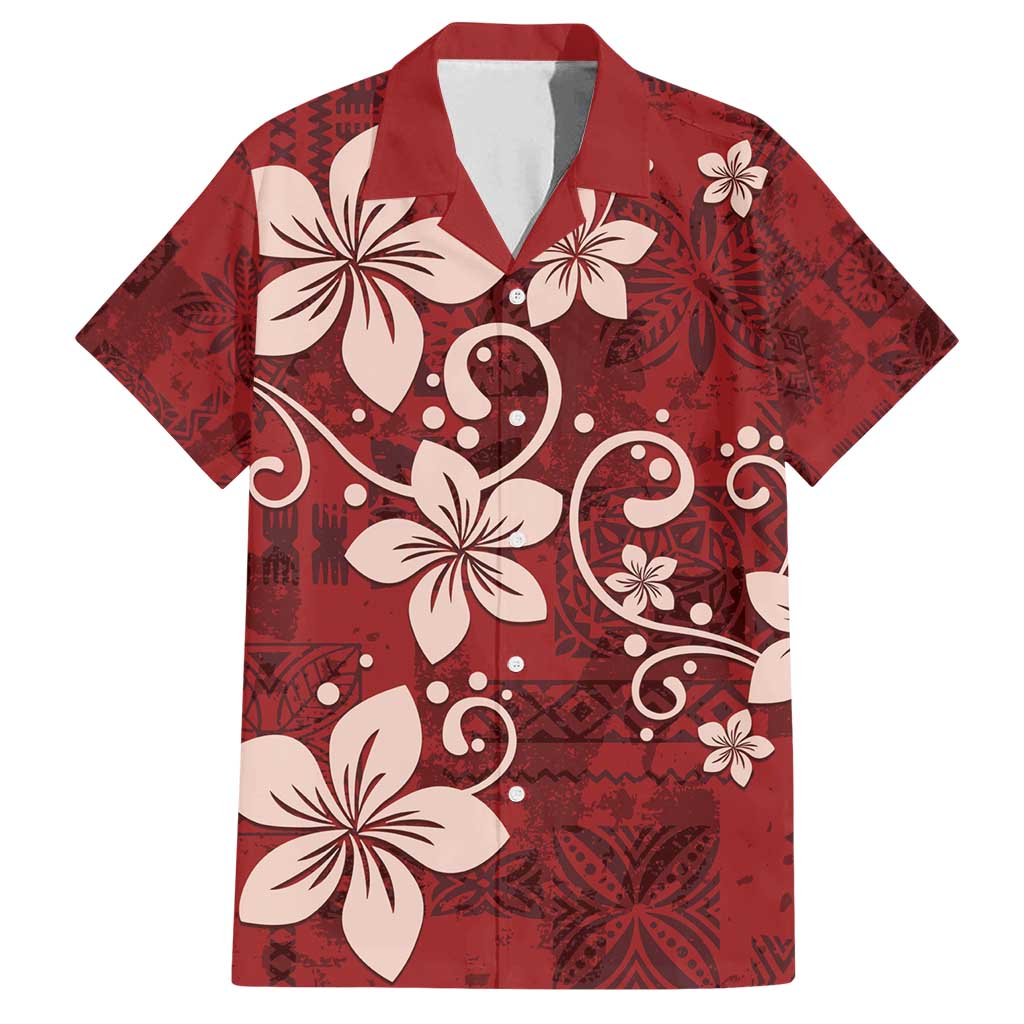Plumeria Floral Tapa Pattern Oxblood Red Family Matching Tank Maxi Dress and Hawaiian Shirt