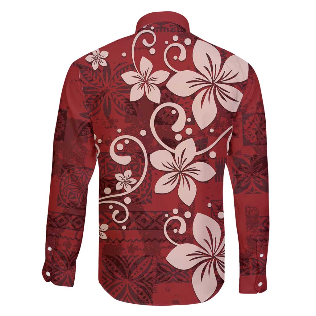 Plumeria Floral Tapa Pattern Oxblood Red Family Matching Tank Maxi Dress and Hawaiian Shirt