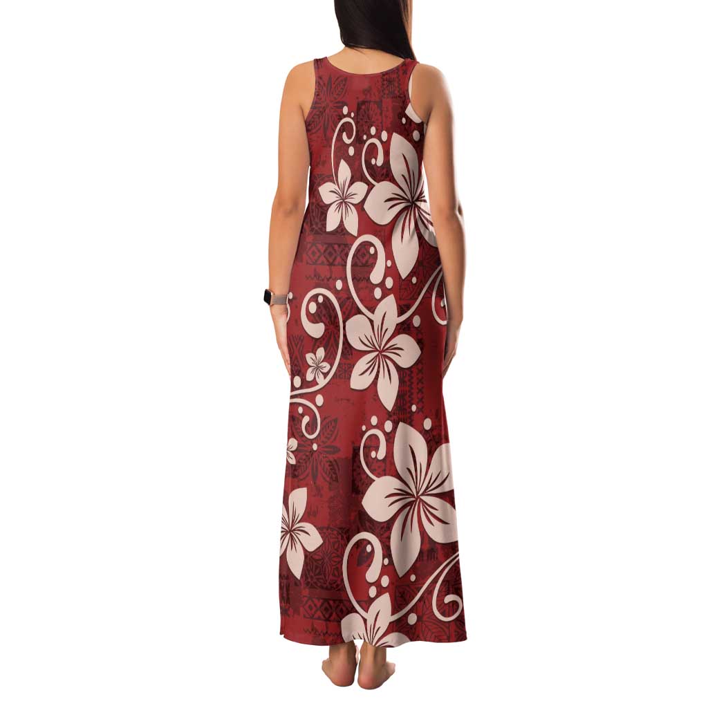Plumeria Floral Tapa Pattern Oxblood Red Family Matching Tank Maxi Dress and Hawaiian Shirt