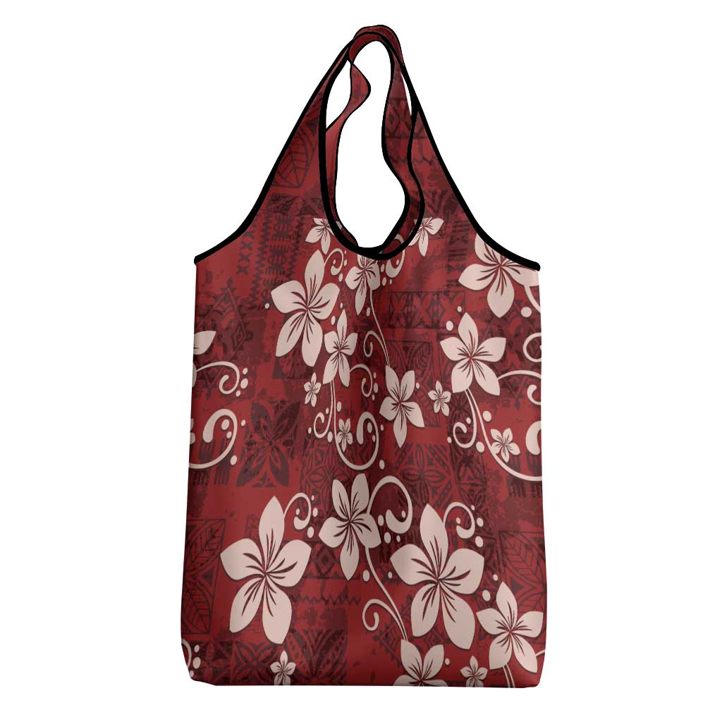 Plumeria Floral Tapa Pattern Oxblood Red Grocery Bag