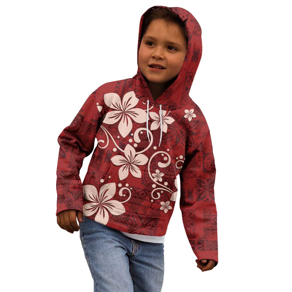 Plumeria Floral Tapa Pattern Oxblood Red Kid Hoodie LT01 - Polynesian Pride