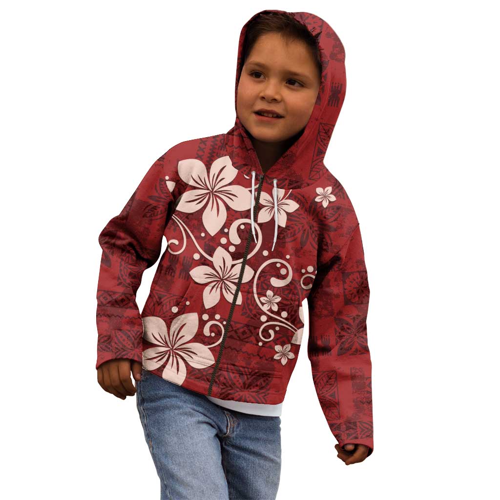 Plumeria Floral Tapa Pattern Oxblood Red Kid Hoodie LT01 - Polynesian Pride