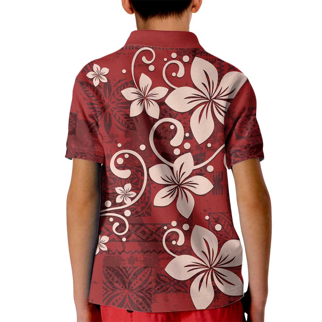 Plumeria Floral Tapa Pattern Oxblood Red Kid Polo Shirt LT01 - Polynesian Pride