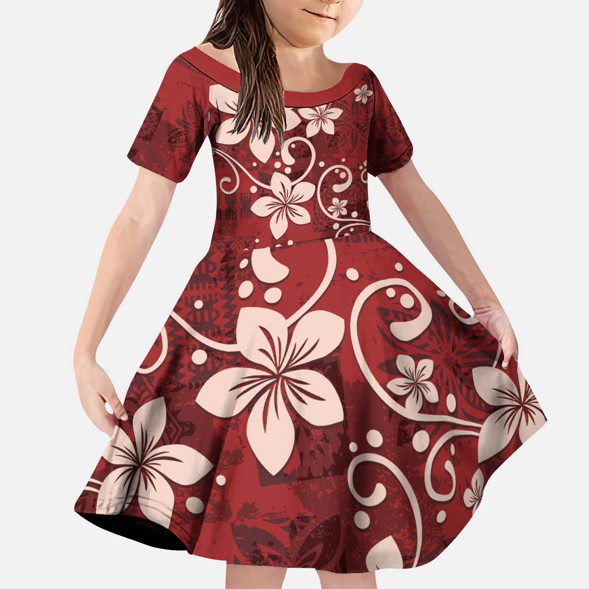 Plumeria Floral Tapa Pattern Oxblood Red Kid Short Sleeve Dress LT01 KID Red - Polynesian Pride