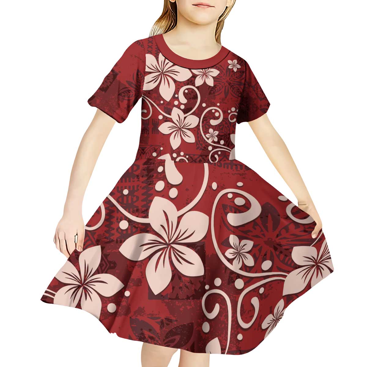 Plumeria Floral Tapa Pattern Oxblood Red Kid Short Sleeve Dress LT01 - Polynesian Pride