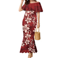 Plumeria Floral Tapa Pattern Oxblood Red Mermaid Dress