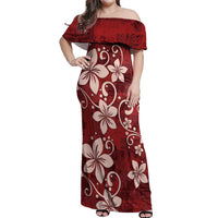 Plumeria Floral Tapa Pattern Oxblood Red Off Shoulder Maxi Dress