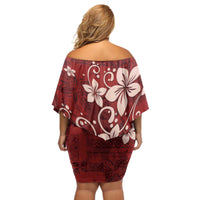 Plumeria Floral Tapa Pattern Oxblood Red Off Shoulder Short Dress LT01 - Polynesian Pride