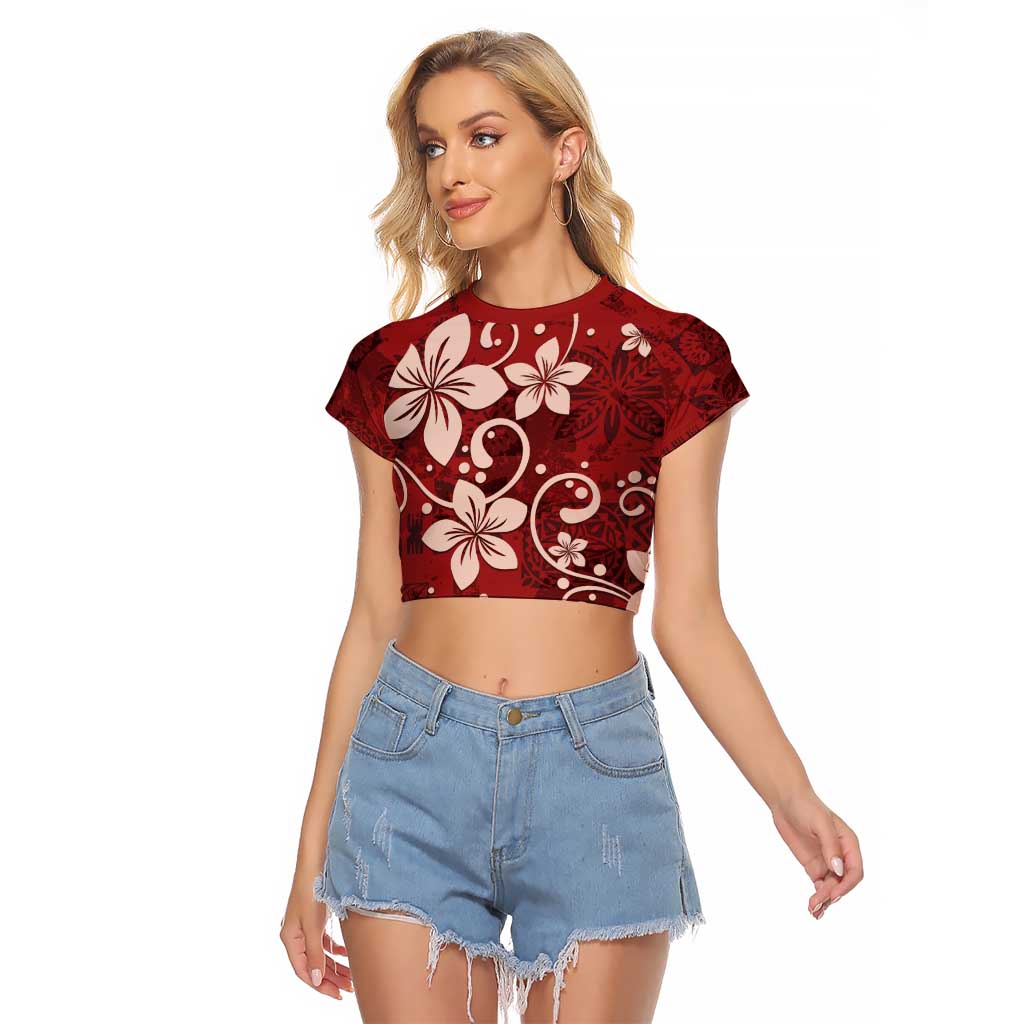 Plumeria Floral Tapa Pattern Oxblood Red Raglan Cropped T Shirt LT01 Female Red - Polynesian Pride