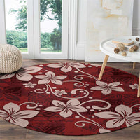 Plumeria Floral Tapa Pattern Oxblood Red Round Carpet