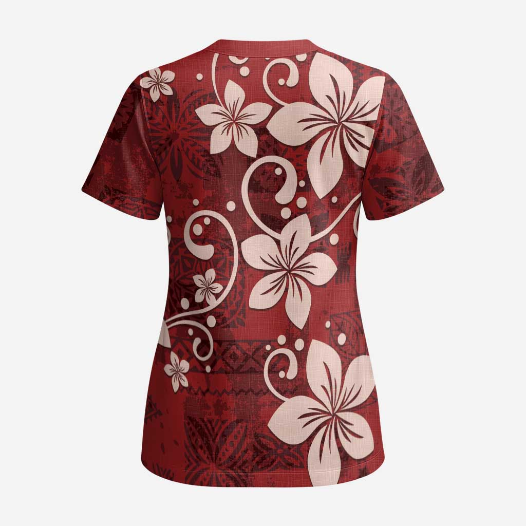 Plumeria Floral Tapa Pattern Oxblood Red Scrub Top - Polynesian Pride