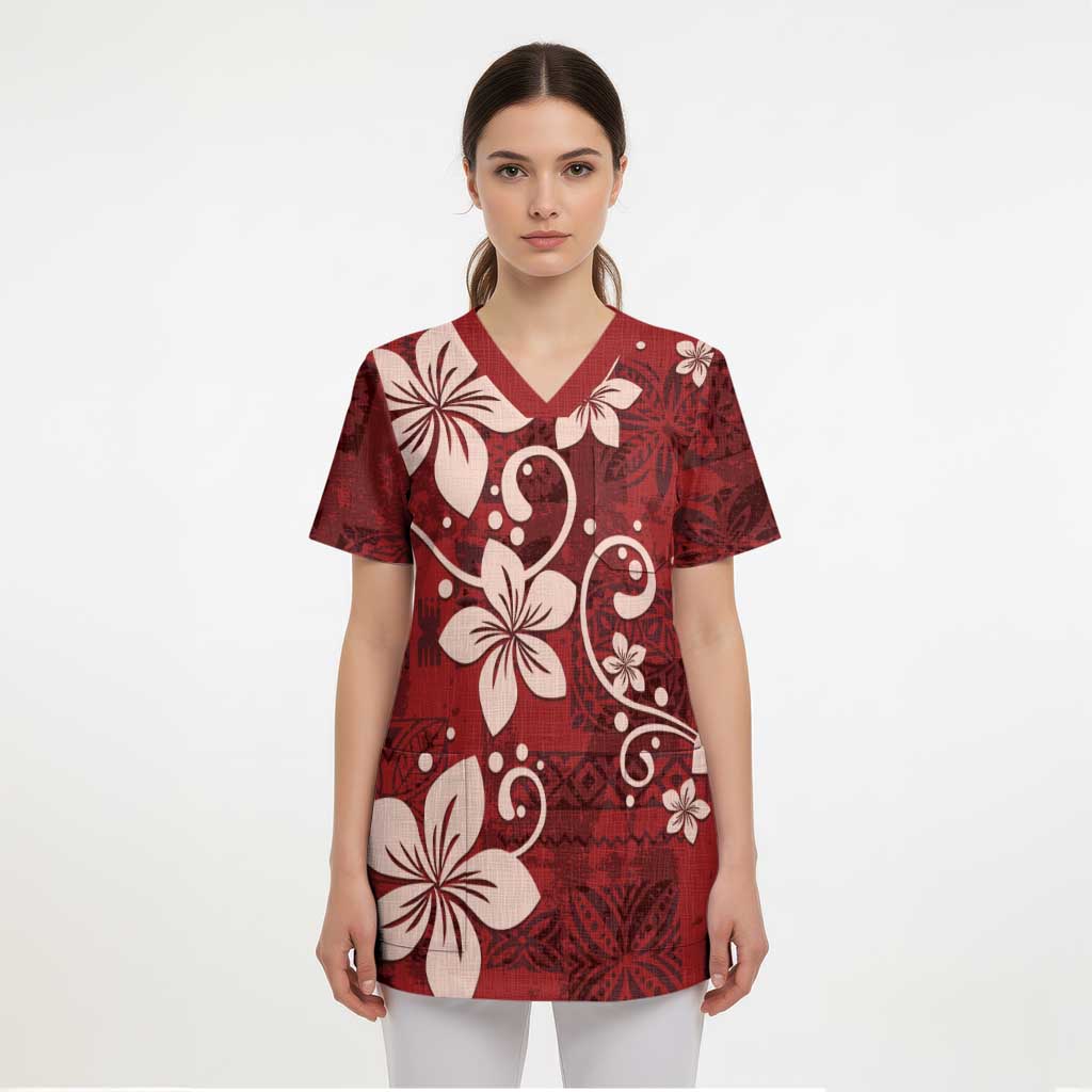 Plumeria Floral Tapa Pattern Oxblood Red Scrub Top - Polynesian Pride
