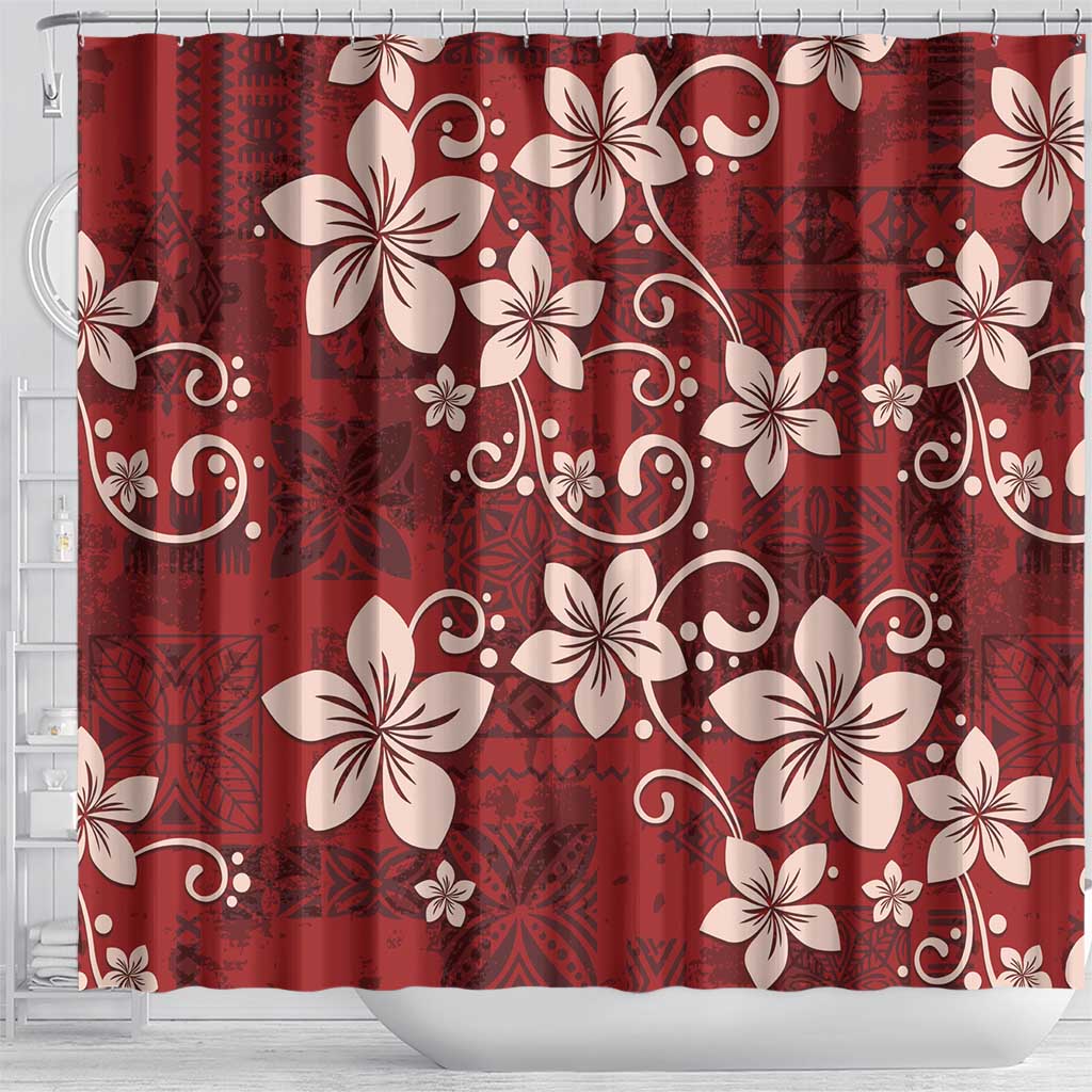 Plumeria Floral Tapa Pattern Oxblood Red Shower Curtain