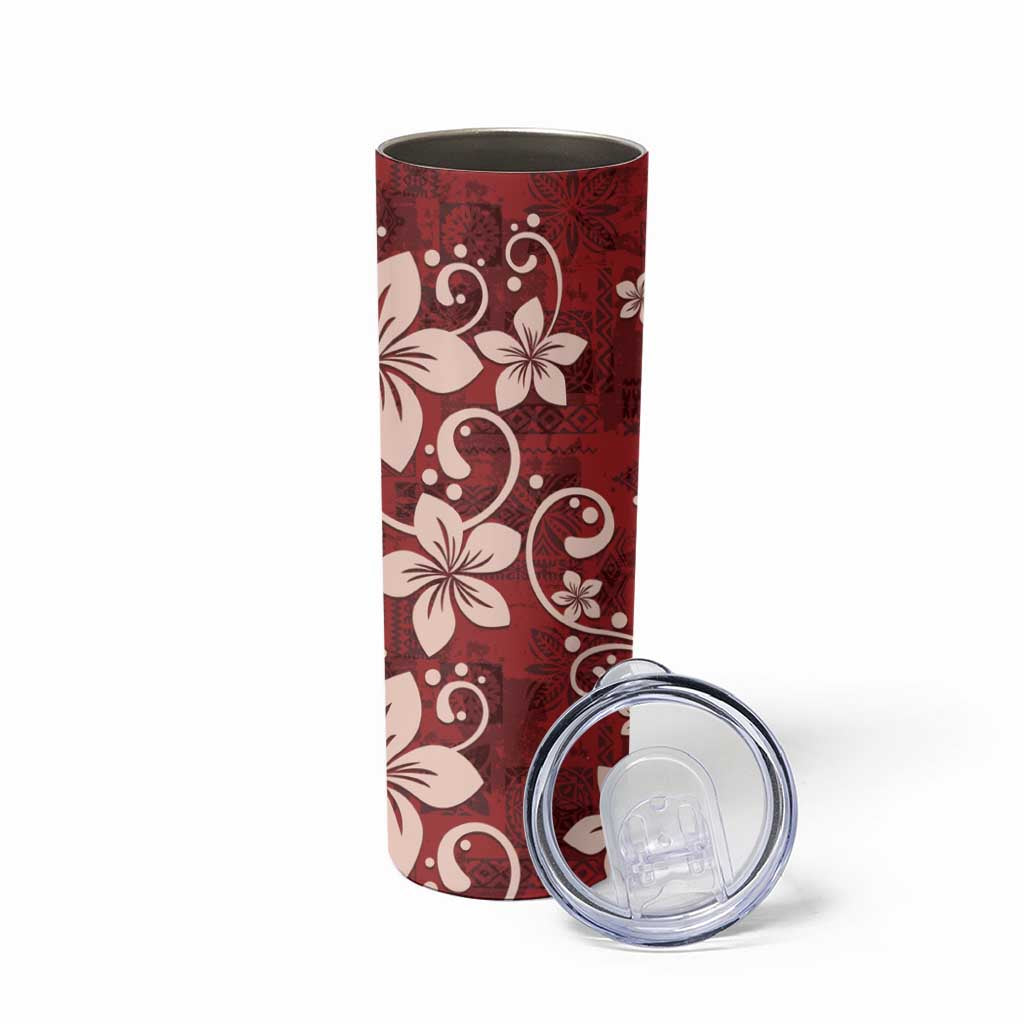 Plumeria Floral Tapa Pattern Oxblood Red Skinny Tumbler
