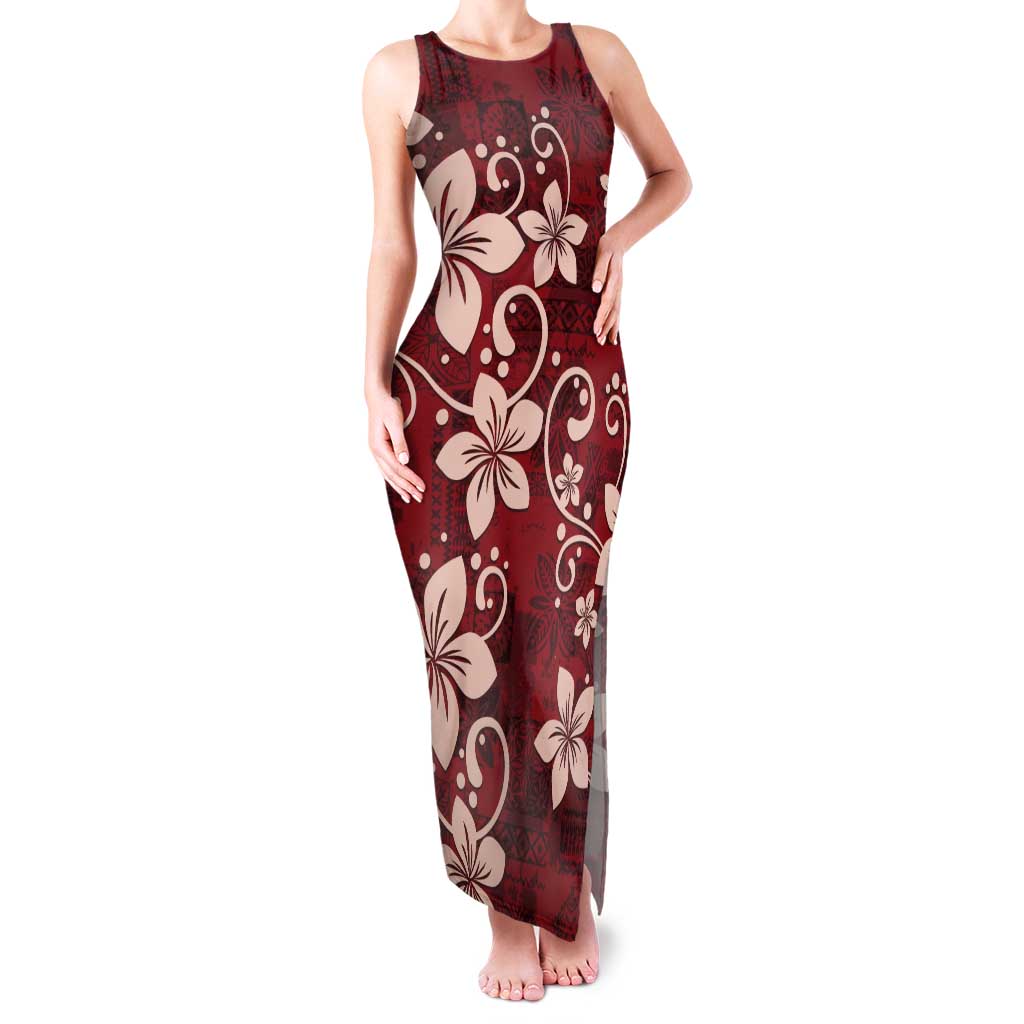 Plumeria Floral Tapa Pattern Oxblood Red Tank Maxi Dress