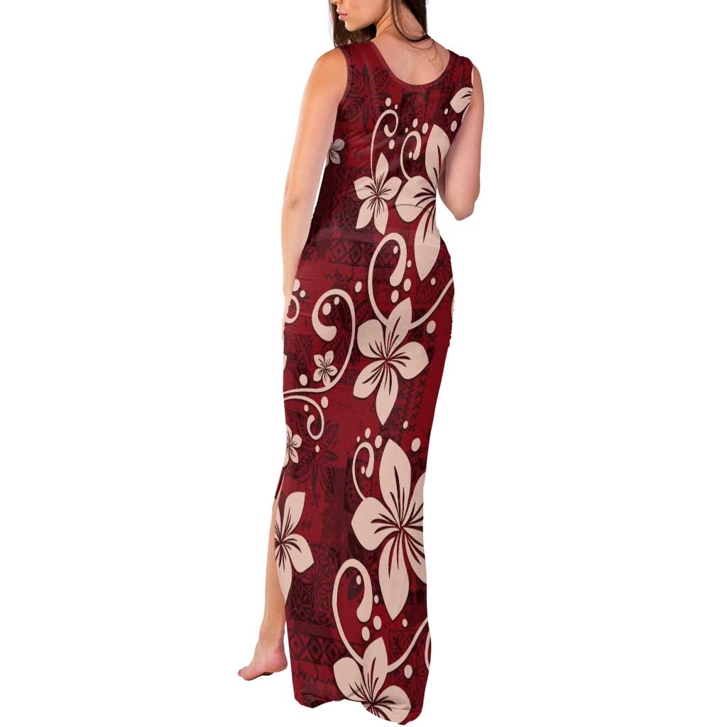 Plumeria Floral Tapa Pattern Oxblood Red Tank Maxi Dress
