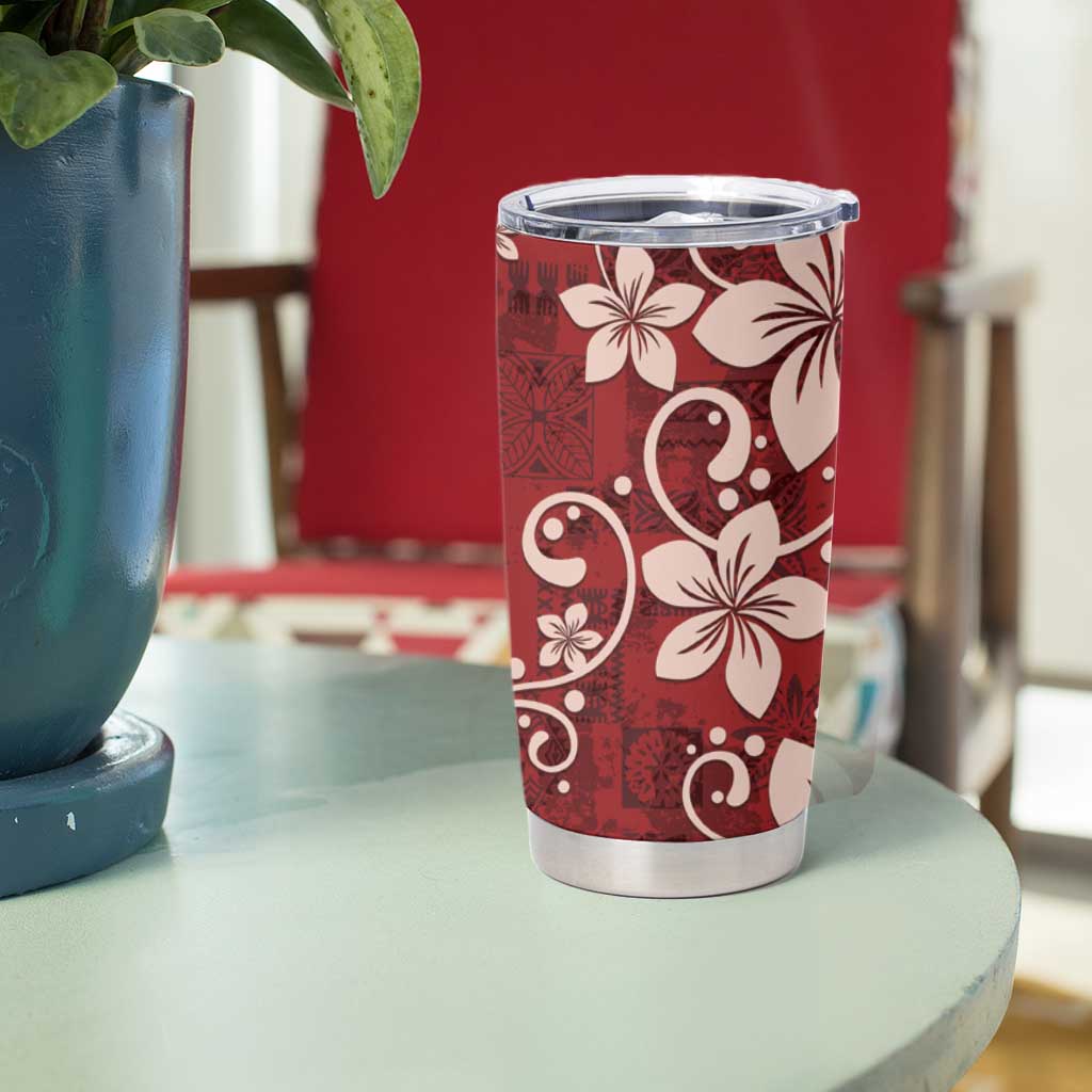 Plumeria Floral Tapa Pattern Oxblood Red Tumbler Cup