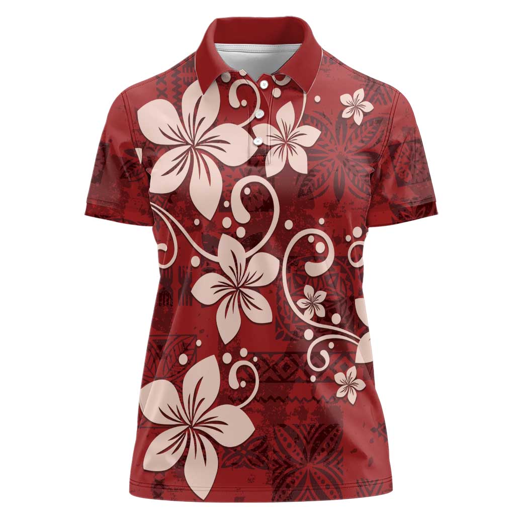 Plumeria Floral Tapa Pattern Oxblood Red Women Polo Shirt LT01 Female Red - Polynesian Pride