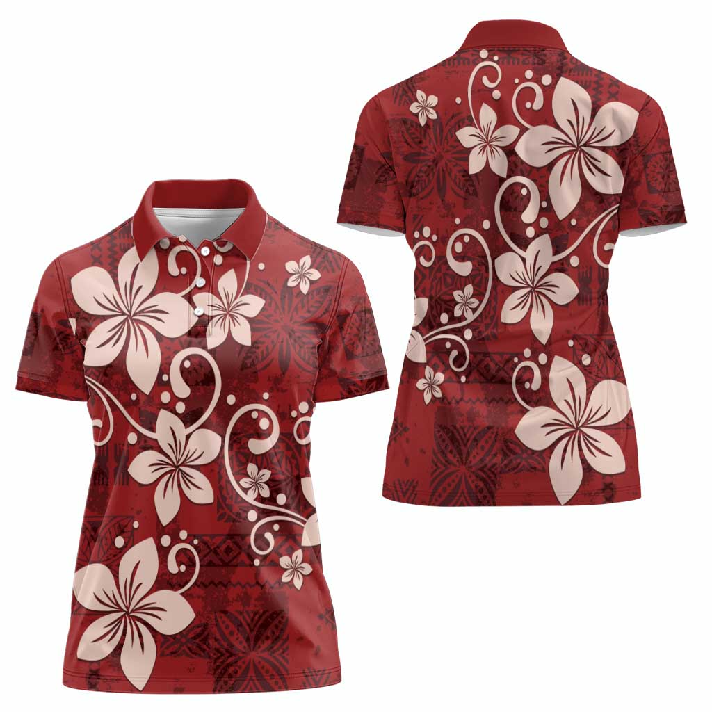 Plumeria Floral Tapa Pattern Oxblood Red Women Polo Shirt LT01 - Polynesian Pride