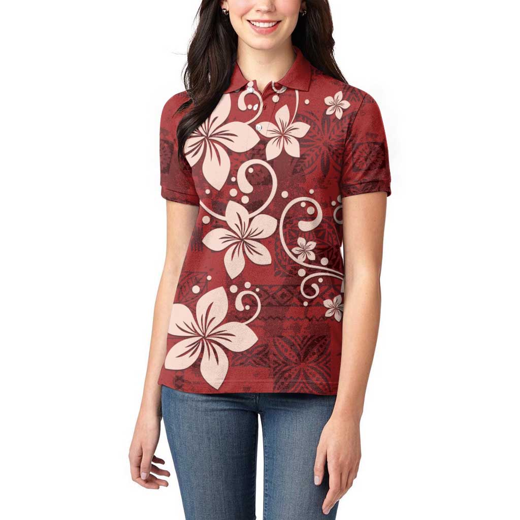 Plumeria Floral Tapa Pattern Oxblood Red Women Polo Shirt LT01 - Polynesian Pride