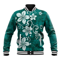 Plumeria Floral Tapa Pattern Crystal Teal Baseball Jacket LT01 Unisex Teal - Polynesian Pride