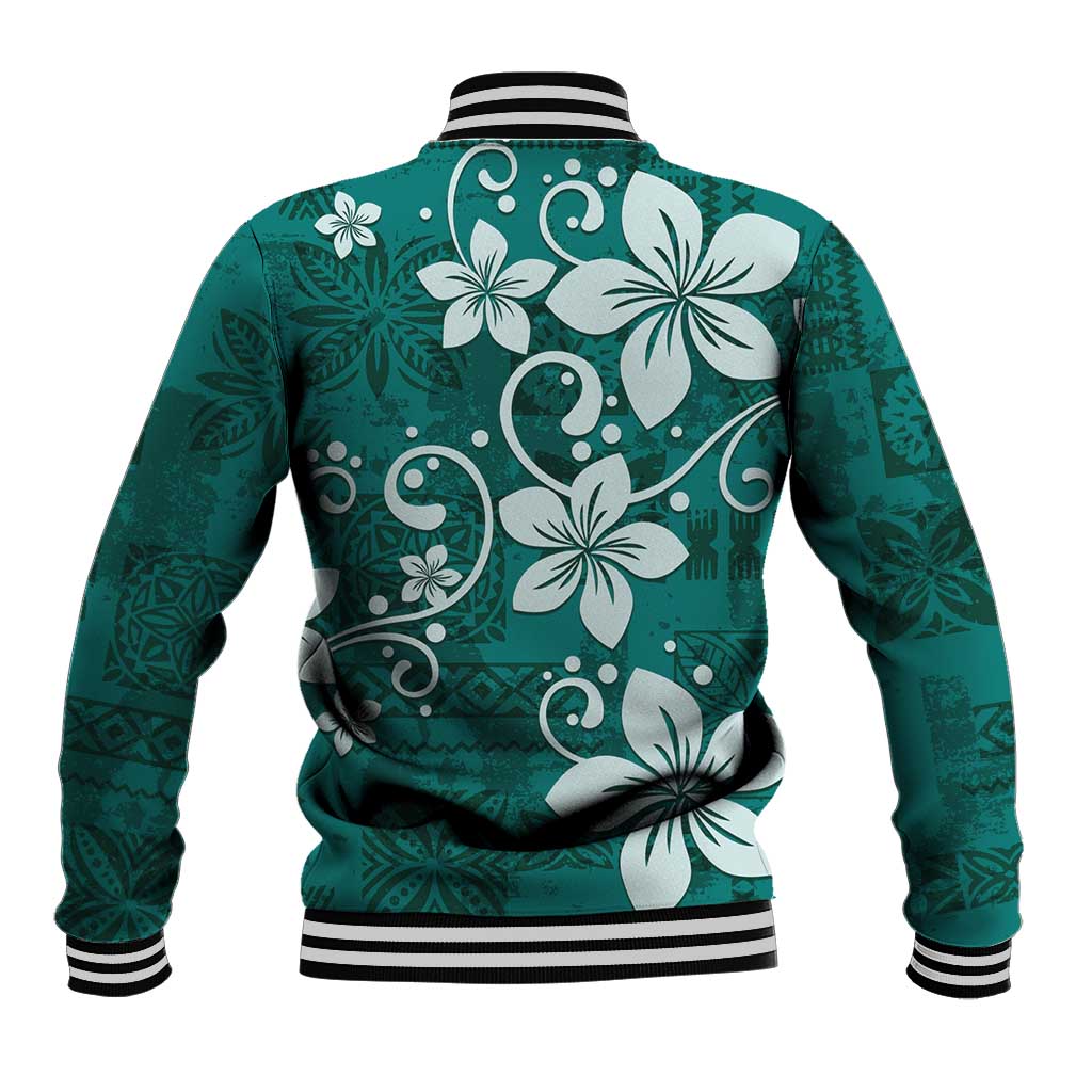 Plumeria Floral Tapa Pattern Crystal Teal Baseball Jacket LT01 - Polynesian Pride