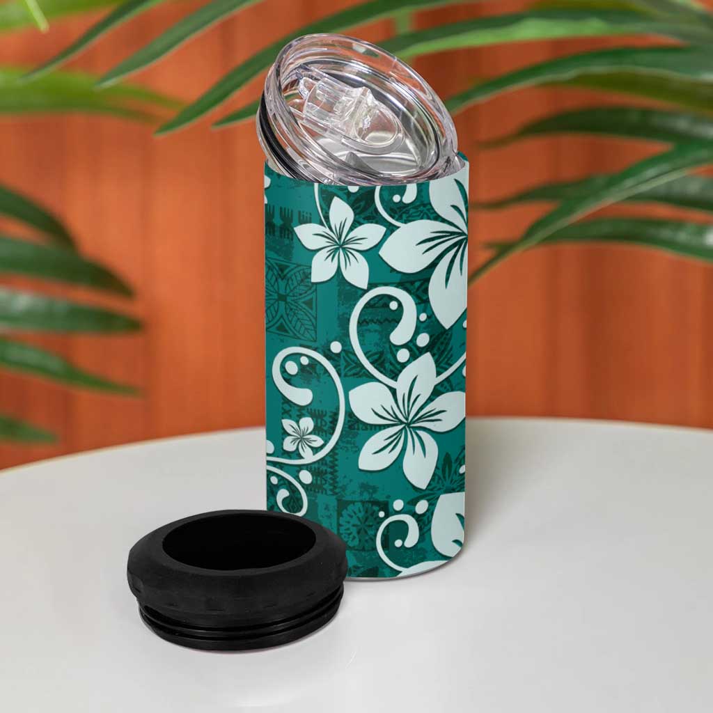 Plumeria Floral Tapa Pattern Crystal Teal 4 in 1 Can Cooler Tumbler