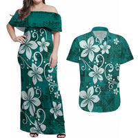 Plumeria Floral Tapa Pattern Crystal Teal Couples Matching Off Shoulder Maxi Dress and Hawaiian Shirt LT01 Teal - Polynesian Pride