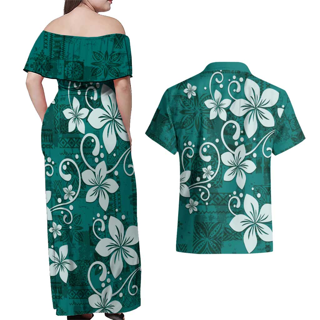 Plumeria Floral Tapa Pattern Crystal Teal Couples Matching Off Shoulder Maxi Dress and Hawaiian Shirt LT01 - Polynesian Pride