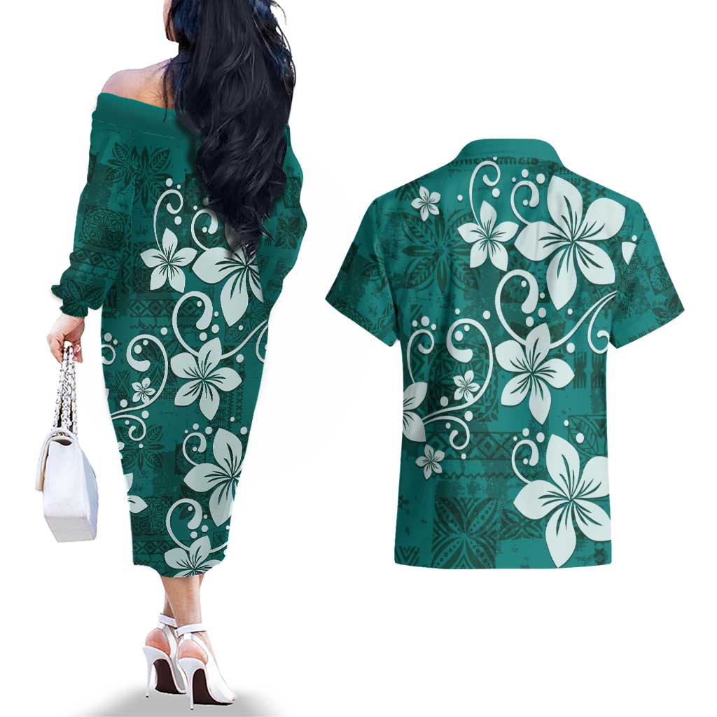 Plumeria Floral Tapa Pattern Crystal Teal Couples Matching Off The Shoulder Long Sleeve Dress and Hawaiian Shirt