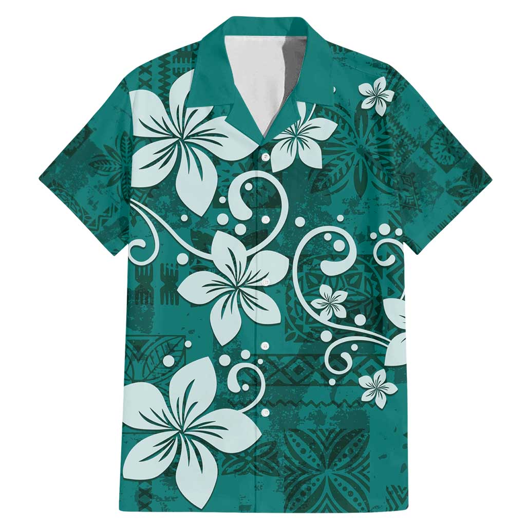 Plumeria Floral Tapa Pattern Crystal Teal Family Matching Mermaid Dress and Hawaiian Shirt