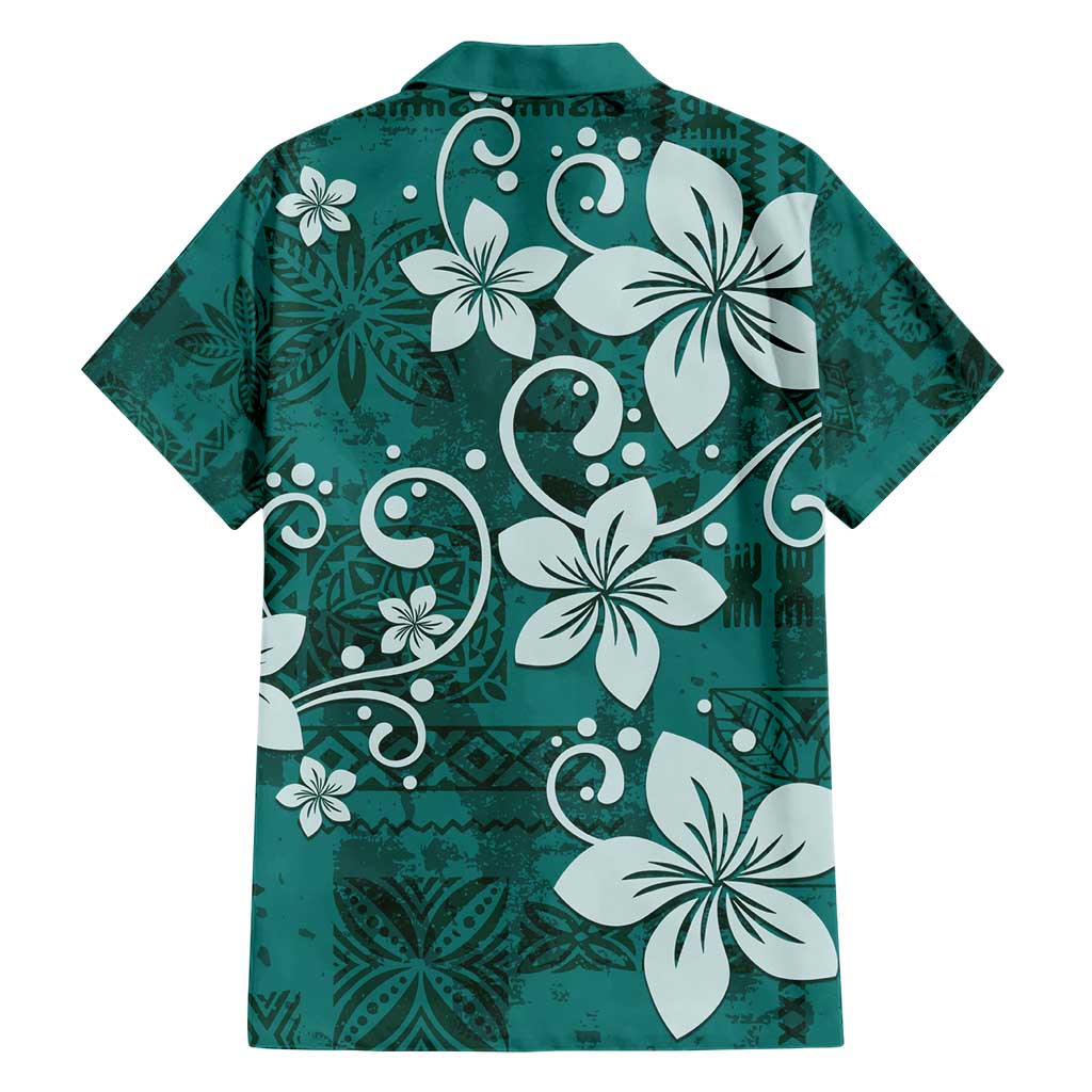 Plumeria Floral Tapa Pattern Crystal Teal Family Matching Short Sleeve Bodycon Dress and Hawaiian Shirt
