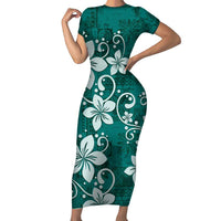 Plumeria Floral Tapa Pattern Crystal Teal Family Matching Short Sleeve Bodycon Dress and Hawaiian Shirt