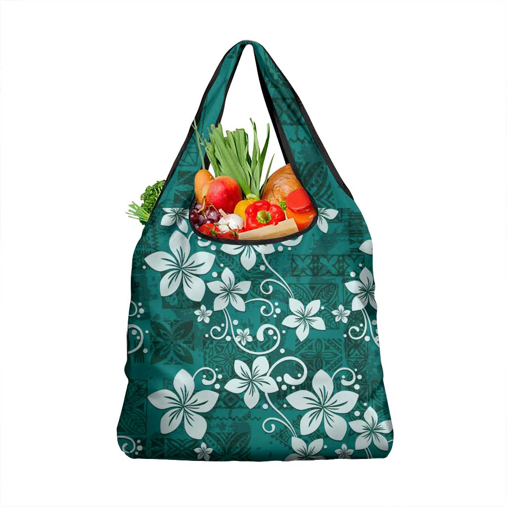 Plumeria Floral Tapa Pattern Crystal Teal Grocery Bag